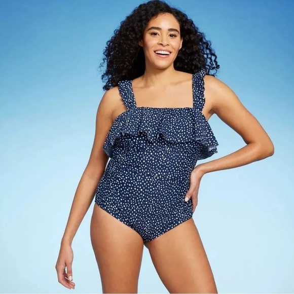 Kona Sol Artsy Polkadot Ruched Ruffle One Piece Vacation Swimsuit Size 20 - Picture 1 of 10